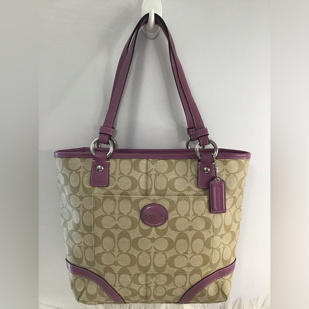 Coach Peyton Lavender Beige Signature Logo Print Tote Heritage Handbag YKK